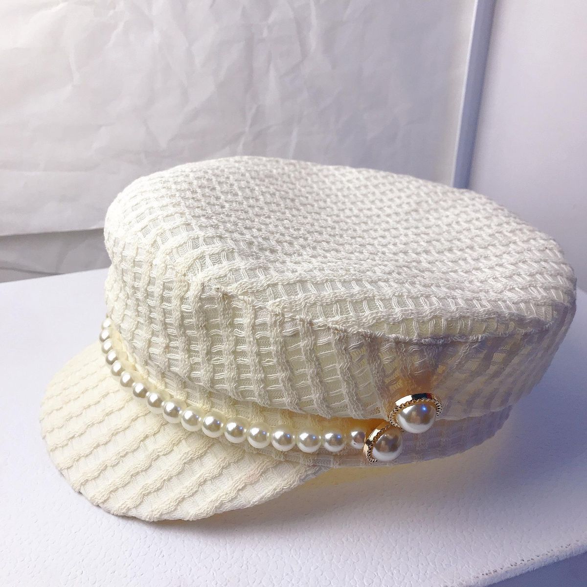 Pearl Small Fragrance Thin Knitted Navy Hat Korean Version Versatile Flat Top Beret Tassel Pearl Net Red Hat