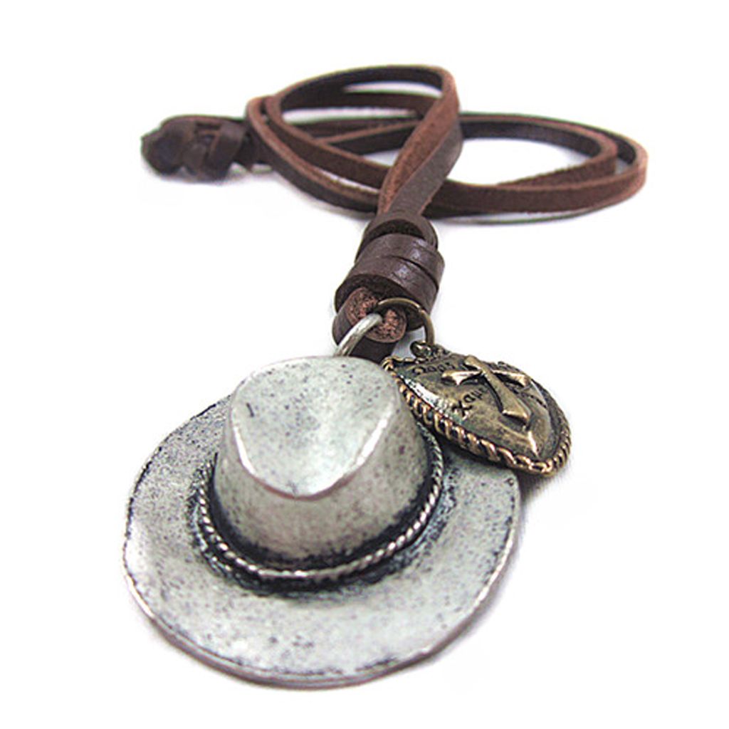 Mens Cowboy Hat Cross Heart Charm Pendant Leather Cord Necklace Punk
