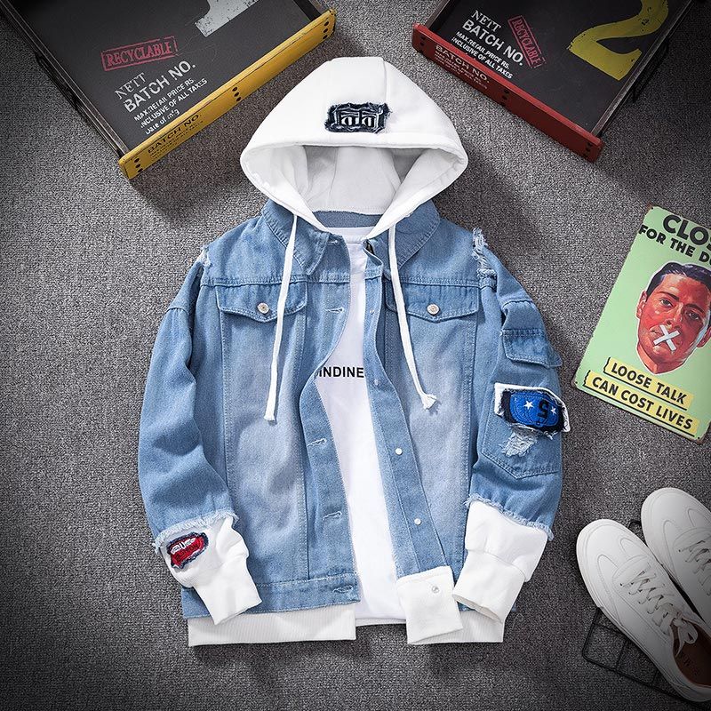 Mens Hooded  Fit Casual Streetwear Jean Jacket Coat For Men
