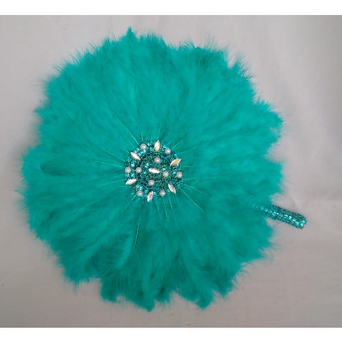Alexie's Teal Green Feathers Bridal Handfan With White Details
