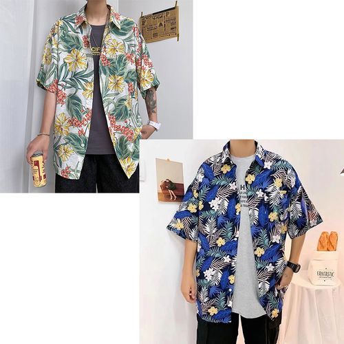 2 In 1 Men's Short Sleeve Shirt  Hawaiian Shirt Casual Button Down Floral Printed Beach Shirts