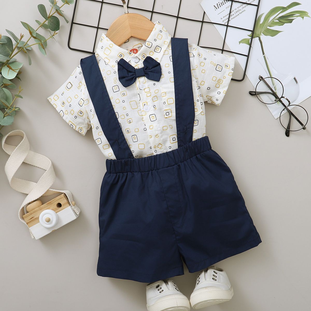 Mini Gentleman Baby Boys Digital Print Short Sleeves Shirt With Overalls