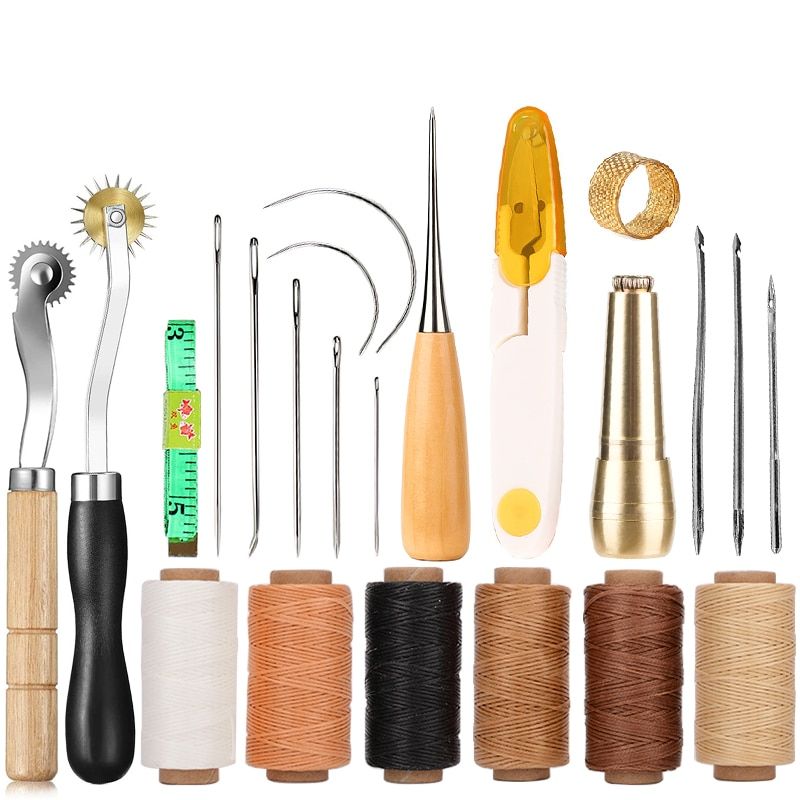 Leather Sewing Tools Kit Waxed Thread Copper Awl Scissors For DIY Leather Shoemaker Shoes Bags Stitching Repair