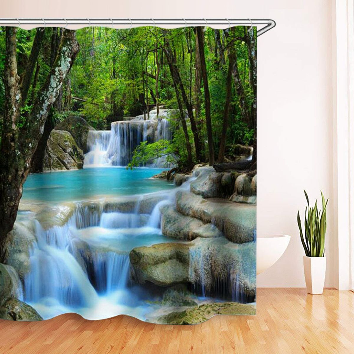 3D Waterfall Nature Scenery Bath Shower Curtain Water Resistant Bathroom