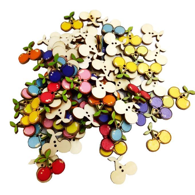 100pcs Assorted Cherry Wood Buttons 2 Holes Flat Embellishments For