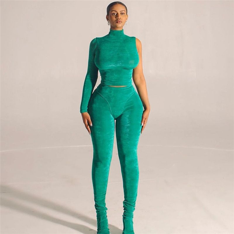 Two Piece Set Women Mock Neck One Shoulder Long Sleeve Tops+ Pencil Pants