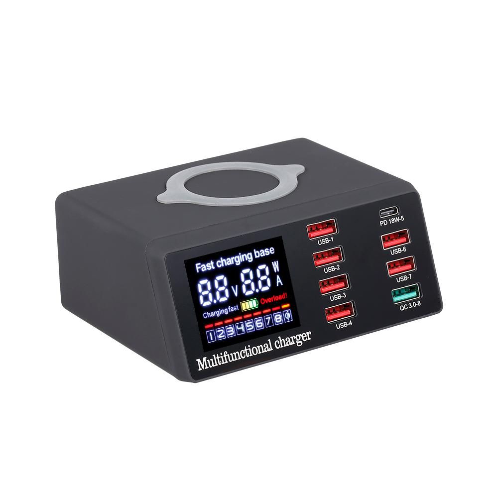 X9 8 Port Wireless USB Charger Quick Charge PD+QC3.0+USB Port Charge Station with LED Display  for Phone/Laptop/Tablet US Plug