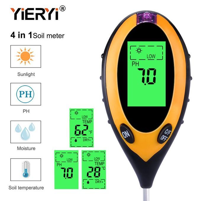 4 In 1 Digital PH Meter Soil Moisture Monitor Temperature Sunlight Tester For Gardening Plants Farming With Blacklight