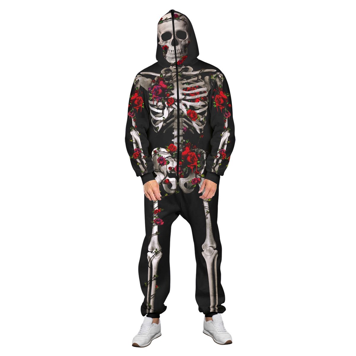 Skeleton Halloween Cosplay Costume Men Women Front Zipper Hood Jumpsuit Long