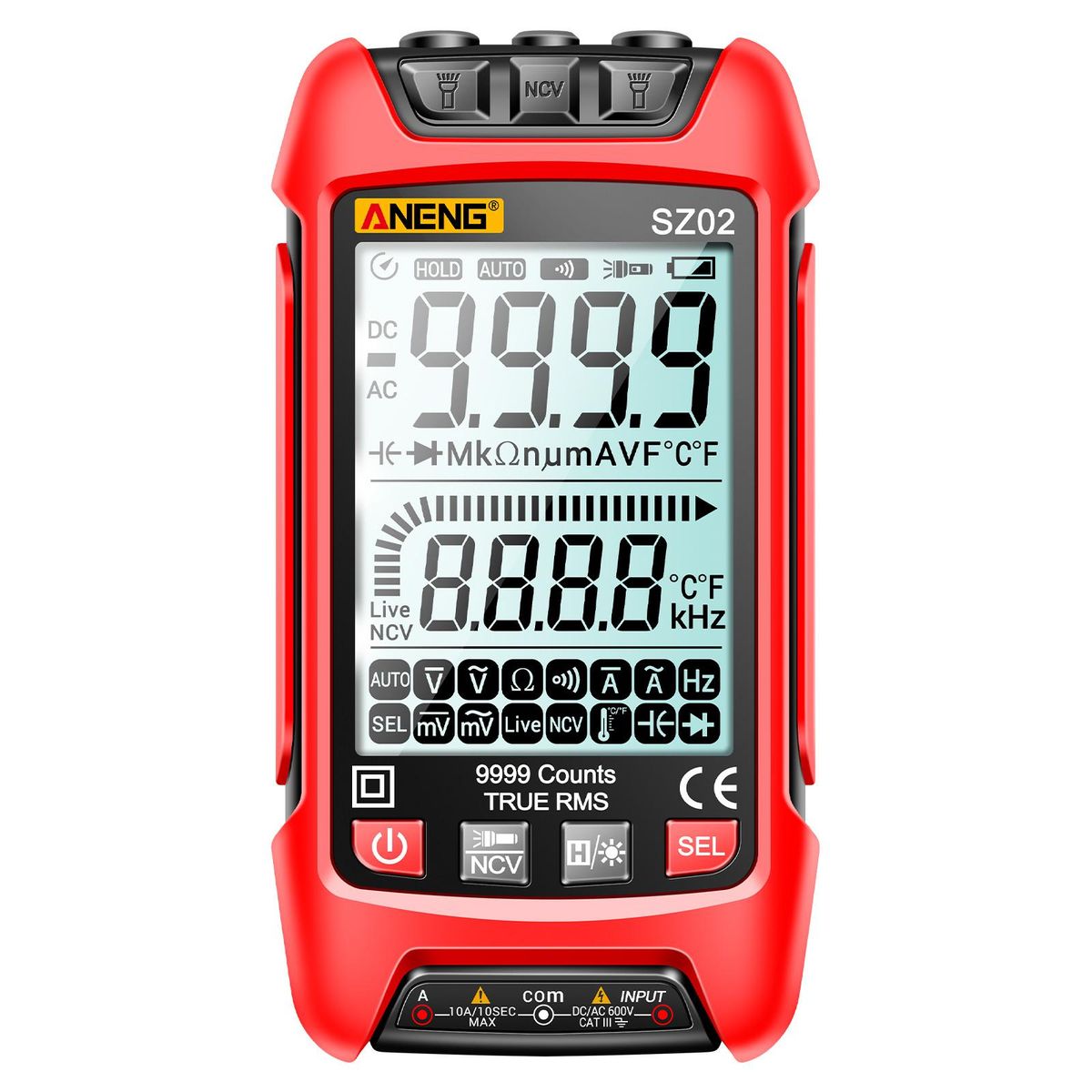ANENG SZ02 Smart Digital Multimeter Auto Range 9999 Counts NCV Universal Meter Handheld Multifunctional Tester Voltmeter Ammeter with Backlight Flashlight AC/DC Voltage & Current Resistance Capacitance Frequency Temperature M