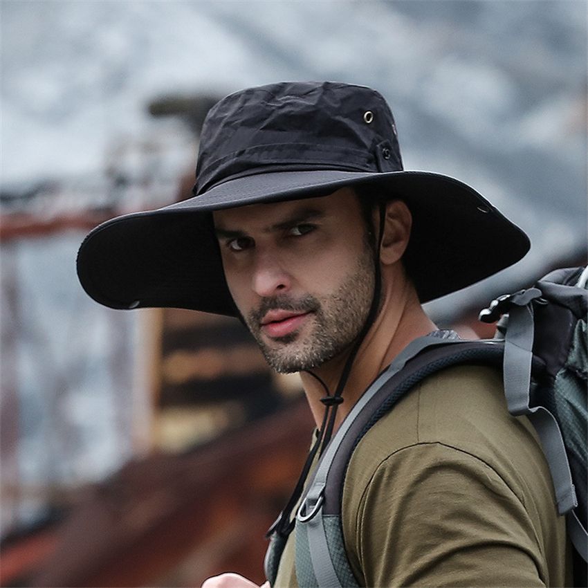 Fashion Summer Fishing Hat Cowboy Men's Outdoor Fishing Hiking Beach Hat Mesh Breathable Anti-UV Sun Hat Large Wide Brim Black Hat