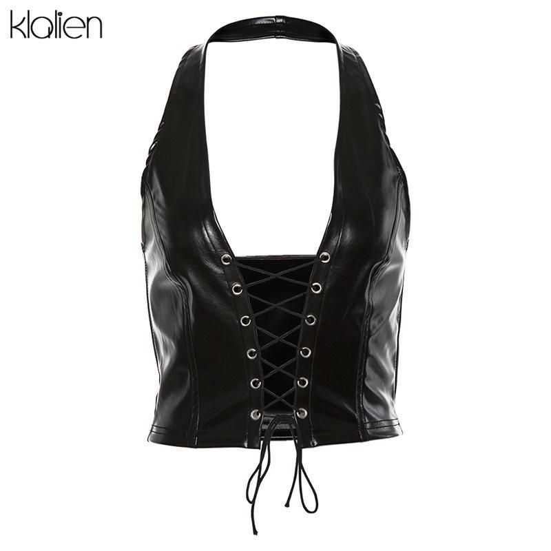 Crop Tops Punk Black Leather For Women Elastic Camisole Sleeveless Sleeveless Sleeve Sleeve