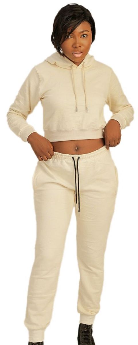 Women's Set Of Joggers And Crop Hoodie (Up & Down)- Cream