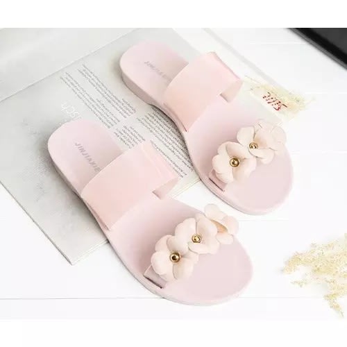 Ladies Tri-petal Rose Jelly Slippers - Nude