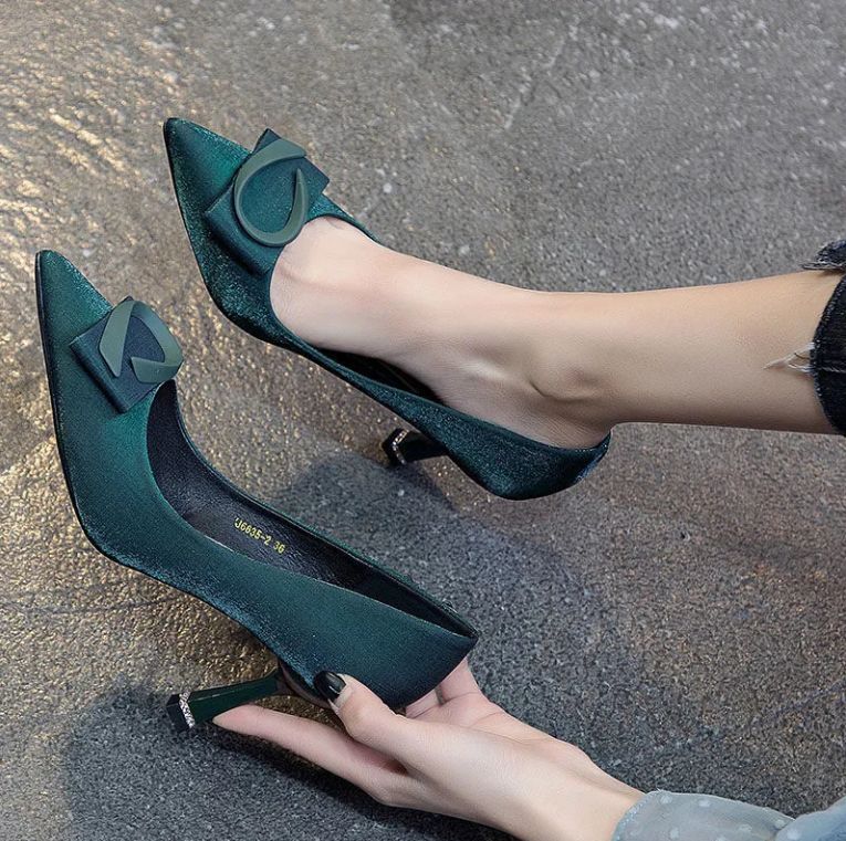 Green Women's 2022 New Pointed Satin Stilettos Heel Height 6cm