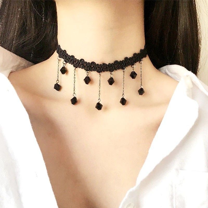 Women Vintage Crystal Drop Tassel Choker Black