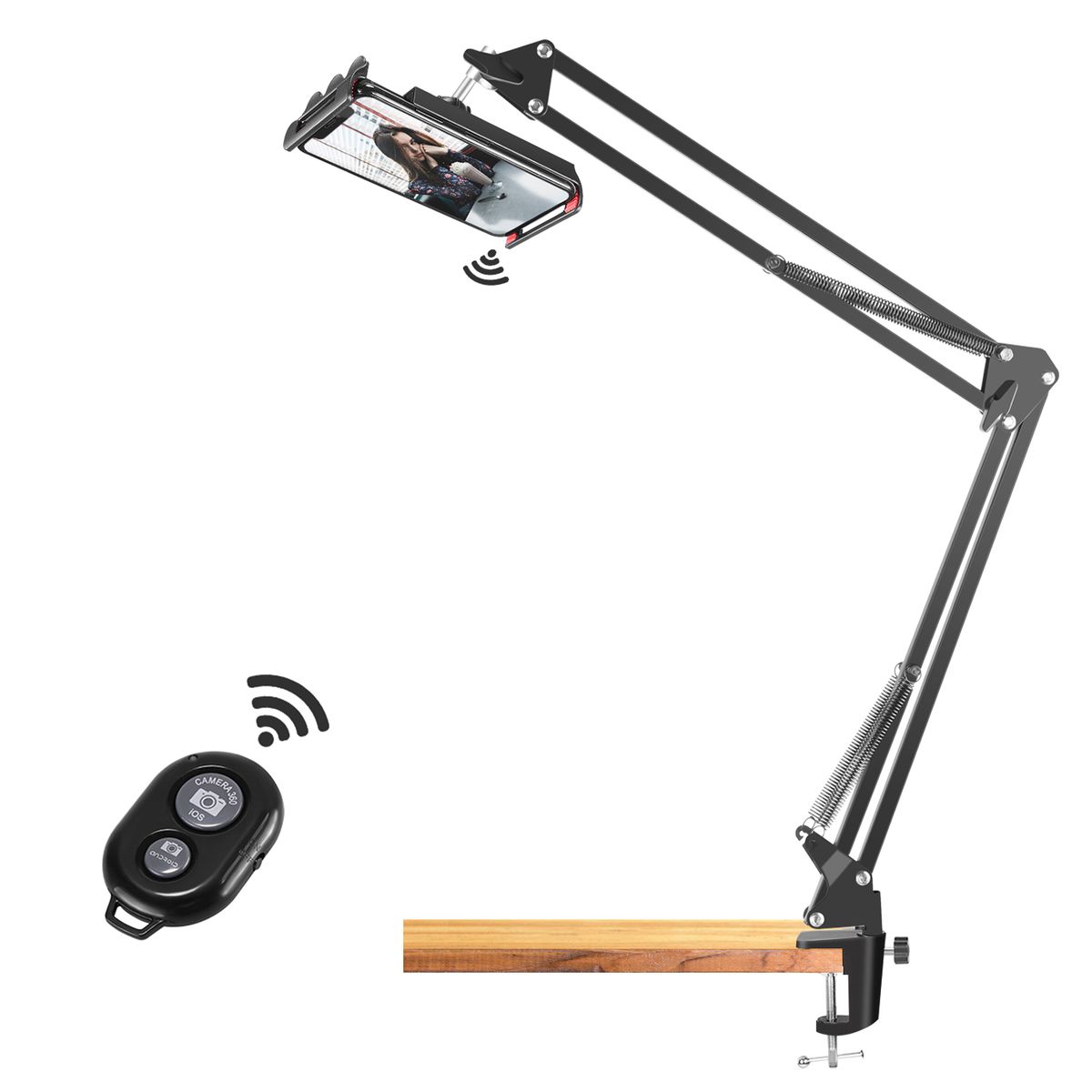 33-Inch Overhead Video Stand Phone Mount Table Top Scissor Arm Stand With Phone Clamp And Remote Control For Baking Crafting Demo Drawing Sketching Recording, Live Streaming, Online Teaching