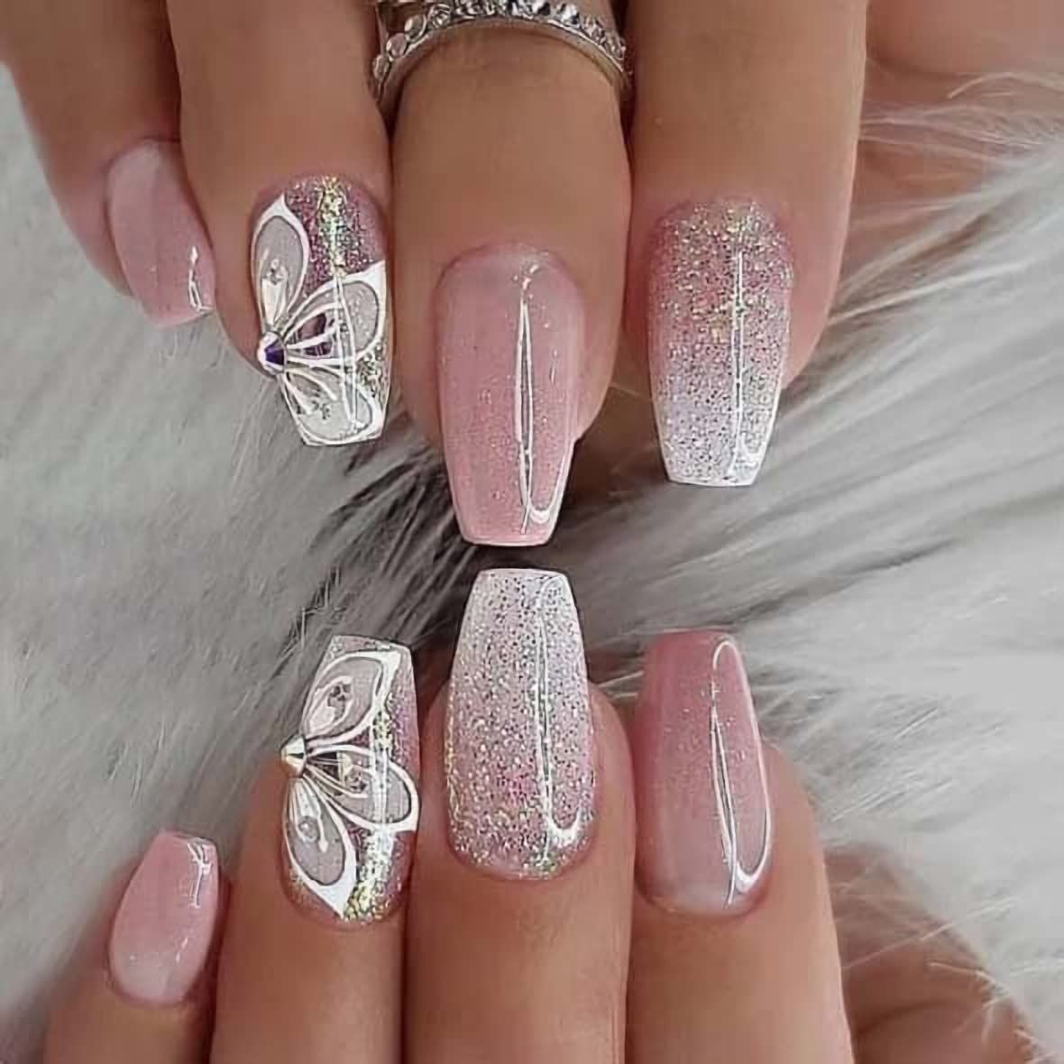 Glitter Press On Nails Medium Coffin Fake Nails Pink Ballerina Glue On Nails 24pcs