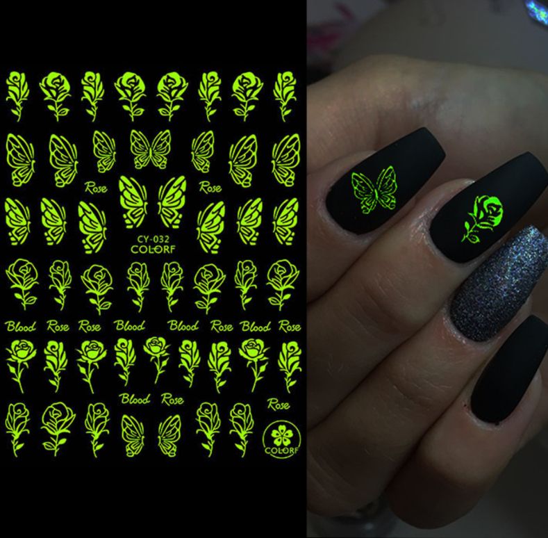 Glow In The Dark Luminous Butterfly Rose Nail Stickers