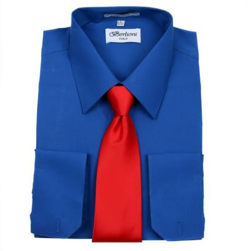 Men Formal Dress Shirt With Matching Tie - Royal Blue Shirt & Red Tie