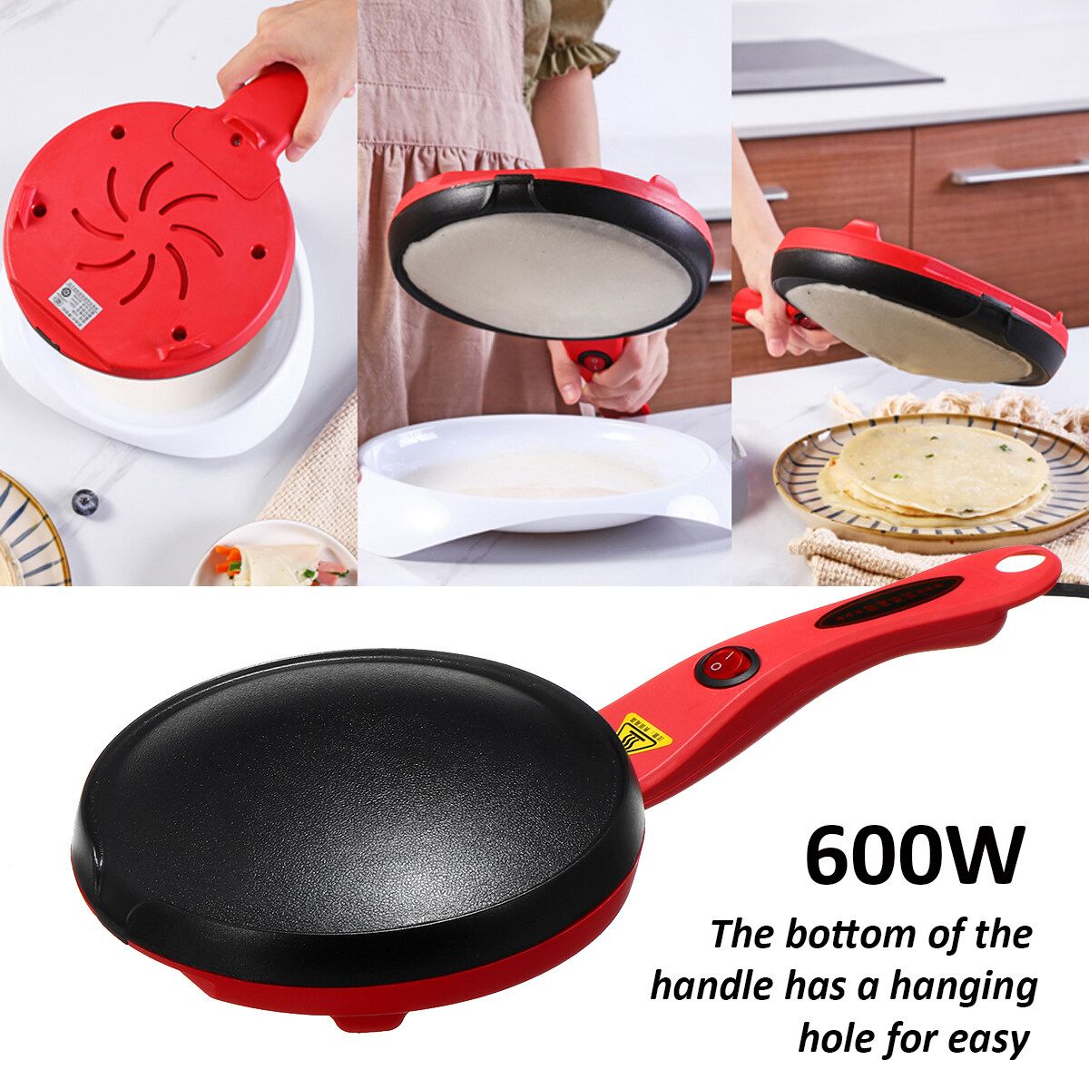 220V 600W Multifunction Electric Pancake Crepe Maker Non-Stick Baking Pancake Pan Frying Griddle Appliances For Perfect Crepes Blintzes Pancakes Bacon Pizza With Tray+Stir Bar