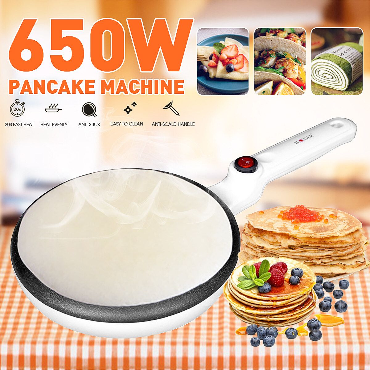 650W Electric Crepe Maker Pancake Machine Non-Stick Griddle Baking Cooking Pan