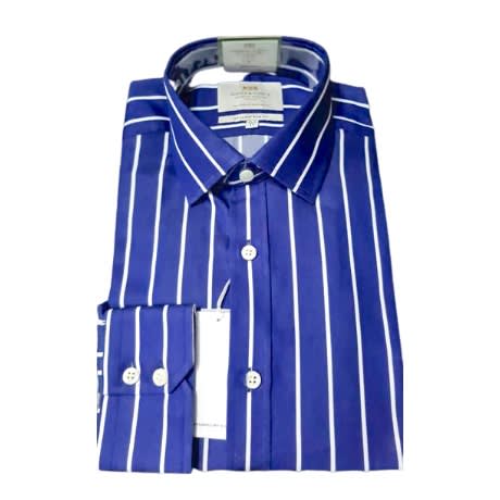 Men's Royal Blue & White Cotton Stripe Slim Fit Shirt - Single Cuff