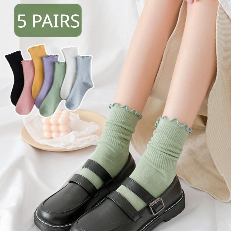 5 Pairs/lot Women Ruffle Lace Cotton Long Socks Knitting Solid Color Crew Breathable Mid Tube Cute Casual Sock Autumn Winter