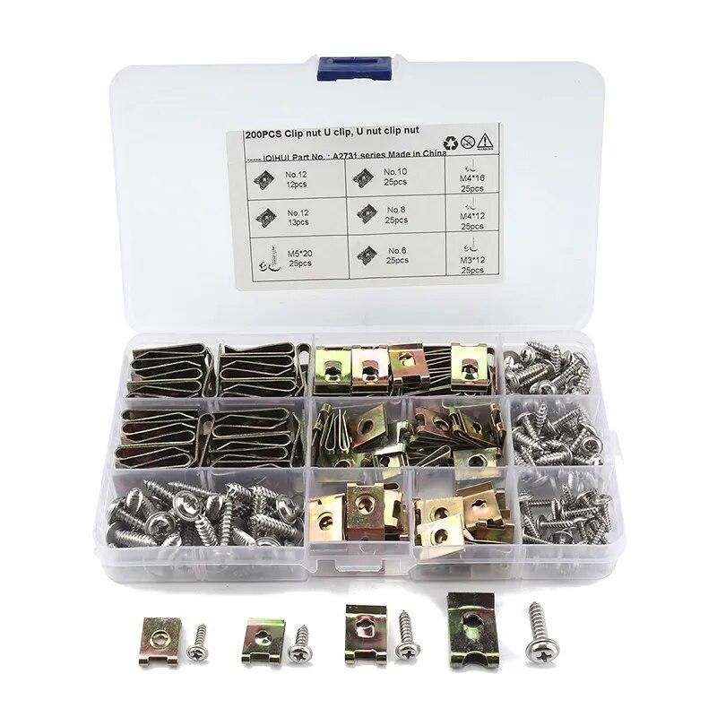 200PCS/set Spire Clips U Nuts Fasteners Flange Self Tapping Screws Parts Assortment Kit Rust resistance For Car motorcycles