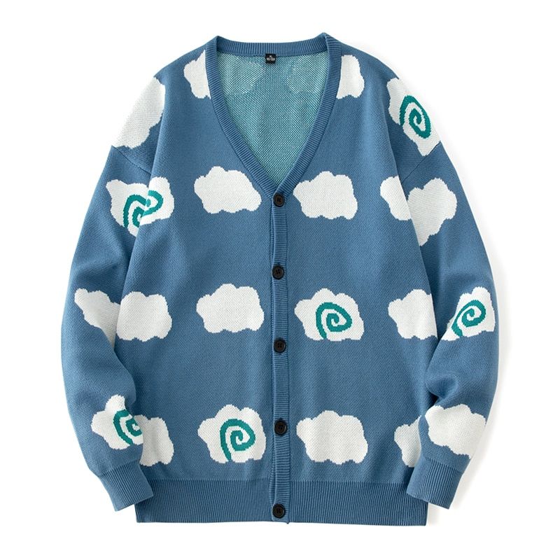 Single Road Men's Knitted Cardigan Men 2022 Cute Clouds Print-Blue Sweater Men1