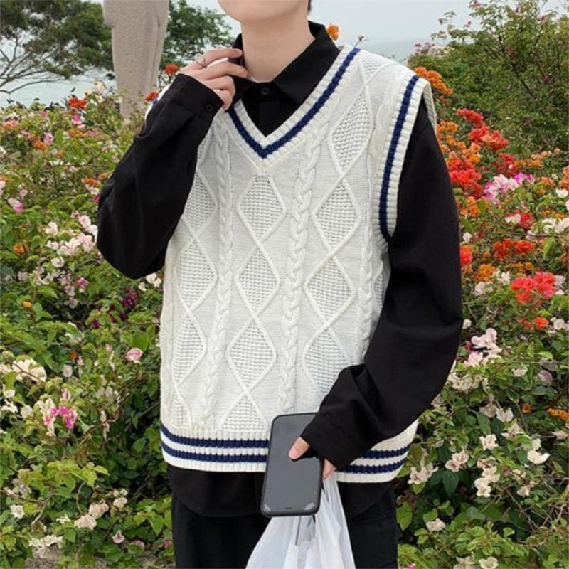 V Neck Sweater Vest Men Spring Autumn Fashion College Style Loose-1 White