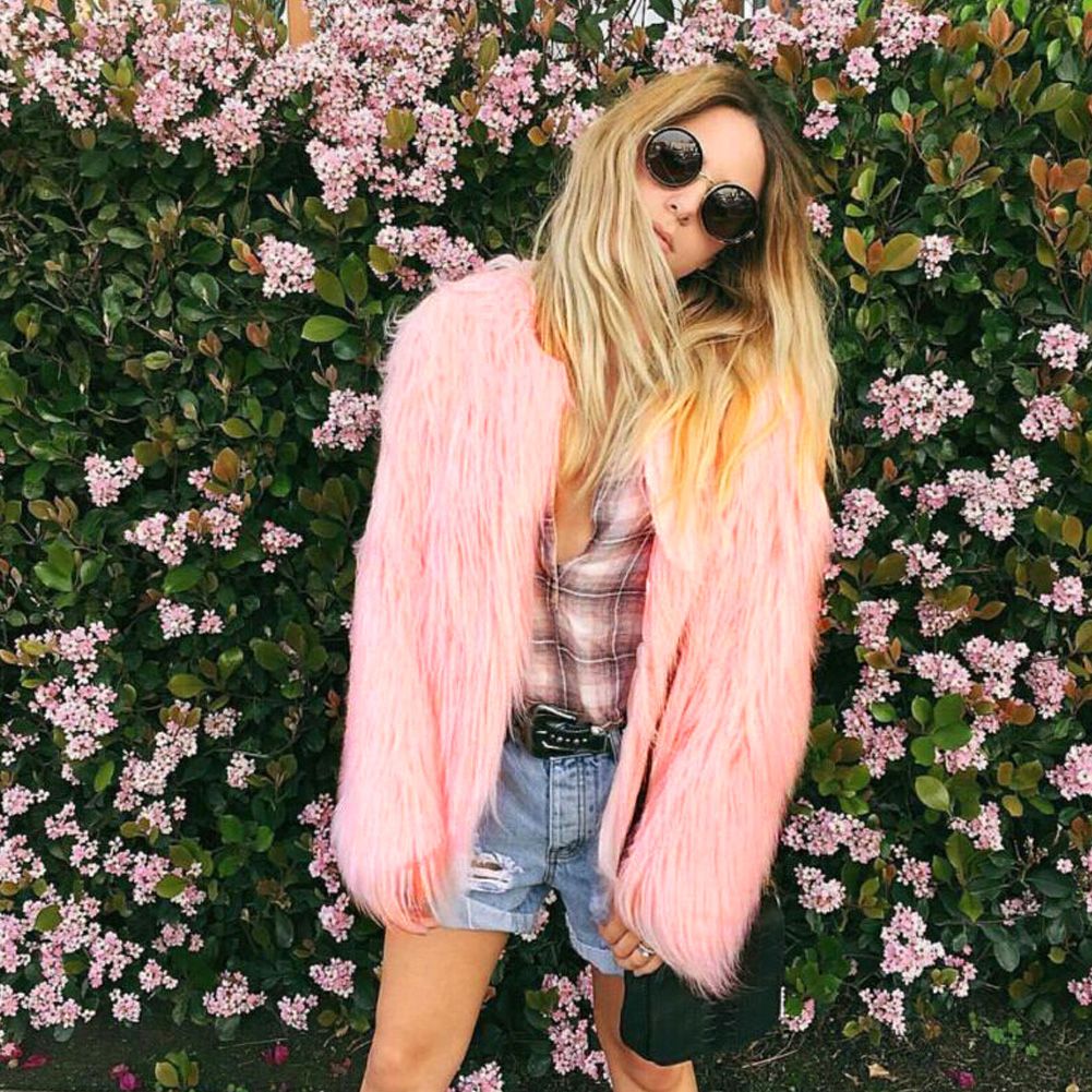Winter Women Coat Solid Color Long Sleeve Fluffy Outerwear Short Jacket Hairy Warm Overcoat-pink2
