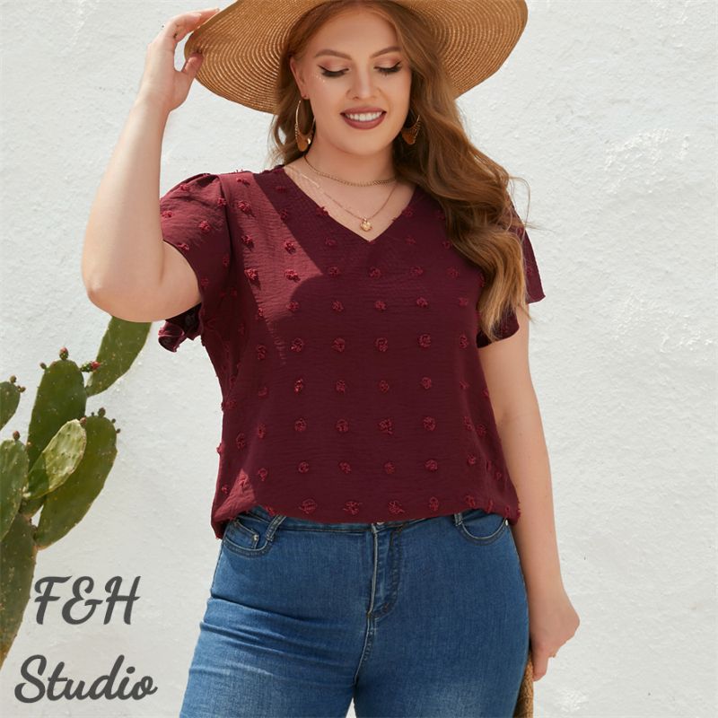 F&H 3322 XL-4XL V Neck Short Sleeves Lovely Furry Ball Decoration Red