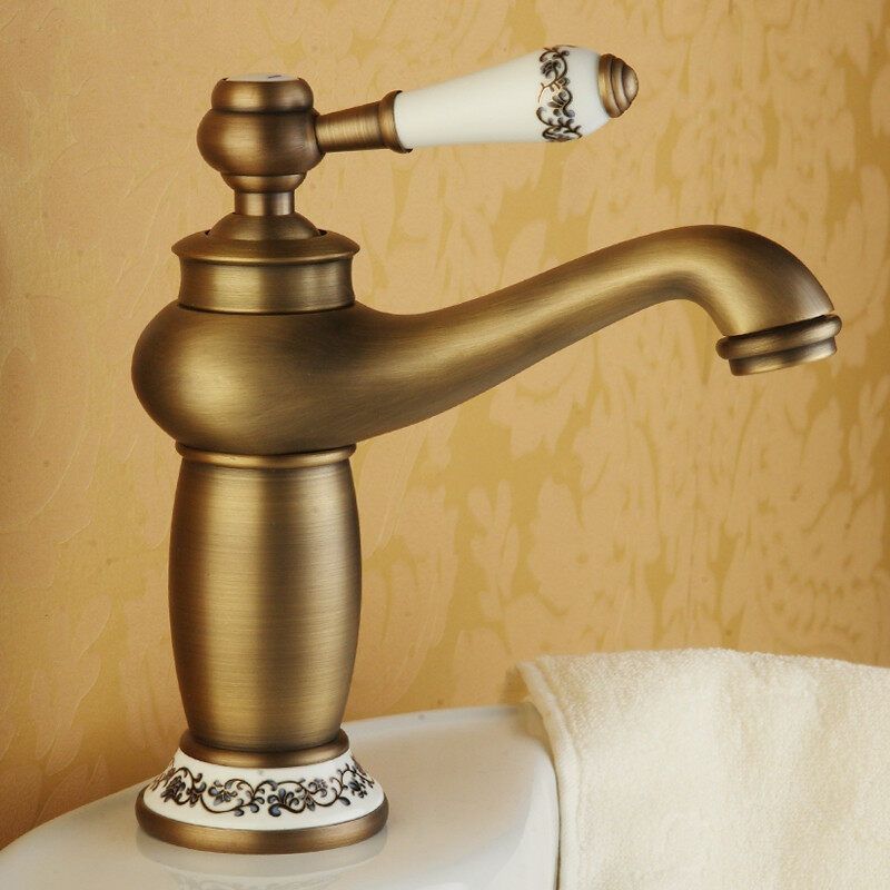 Antique Faucet Retro Style All Copper Basin Faucet Brushed Blue And White Porcelain Hot And Cold Double Bathroom Faucet Golden Faucet