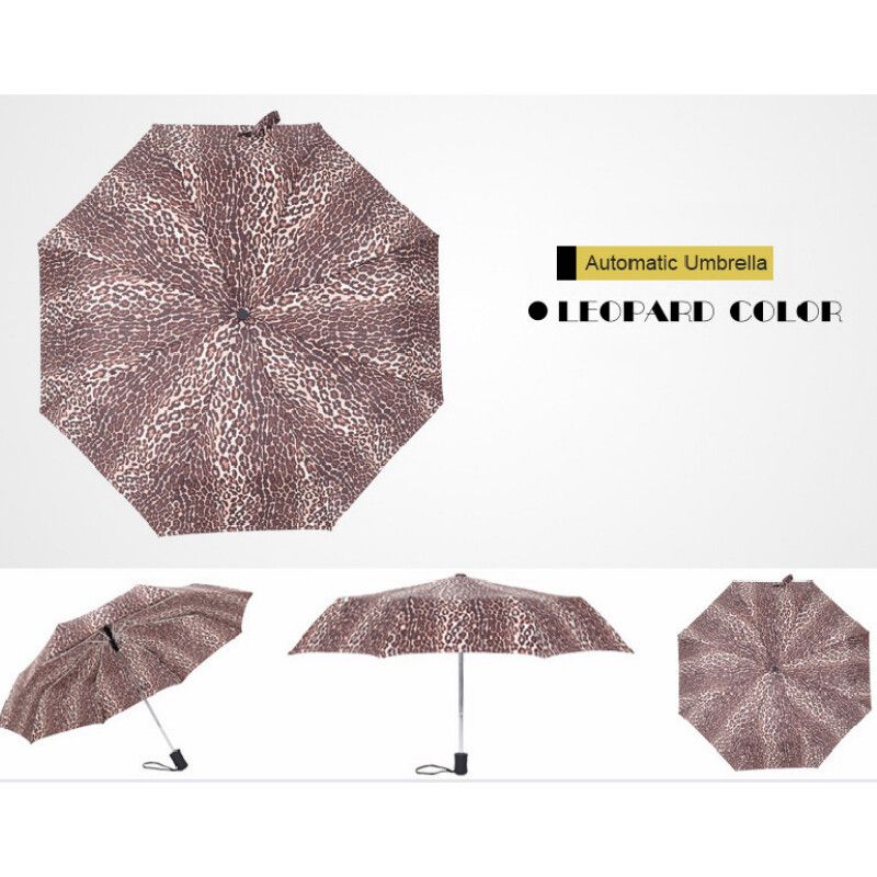 Automatic Windproof Folding Men Women 8 Ribs Umbrellas Travel Lightweight Rain Gear 2 Leopard Print