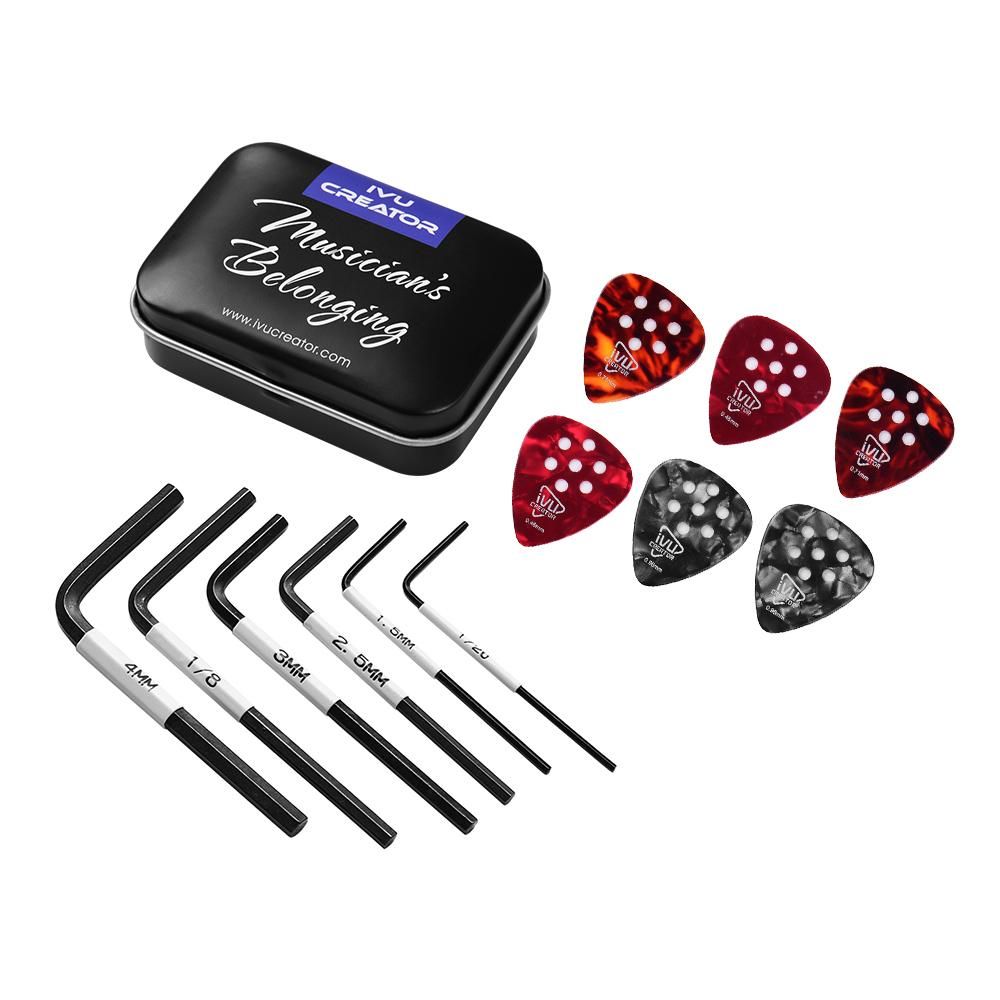 Handy Guitar Tool Kit Including 6pcs Allen Wrenches(1.5mm + 2.5mm + 3mm + 4mm + 1/20 inch + 1/8 inch) & 6pcs Non-slip Guitar Picks(0.46mm * 2 + 0.71mm * 2 +  0.96mm * 2) with Metal Storage Box