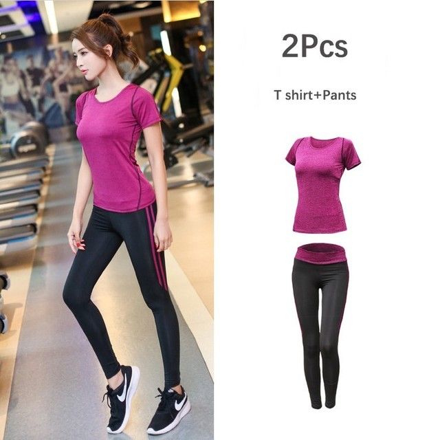 Women Sportwear Solid Yoga Sport Gym Set-2Pcs-T-P-RED_S