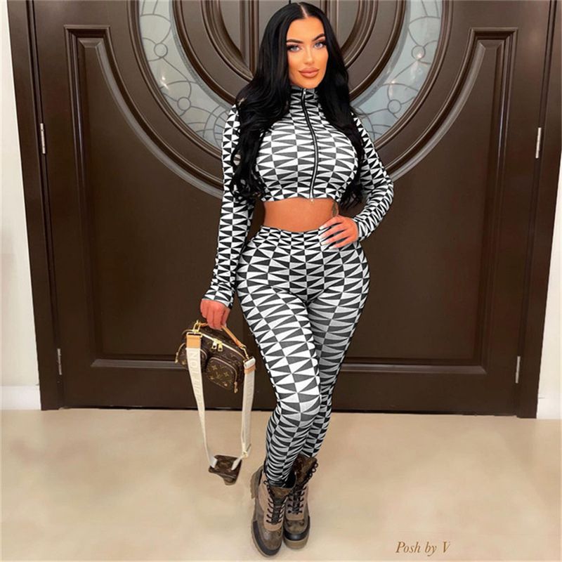 Two Piece Set Women Skinny Mock Neck Zipper Bare Midriff Top+ Pencil Pants