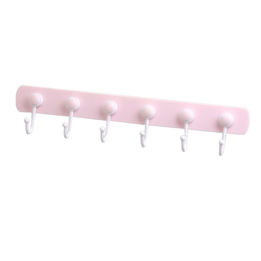 Self Adhesive Wall Door 6 Hooks Clothes Coat Hat Bag Towel Key Pink