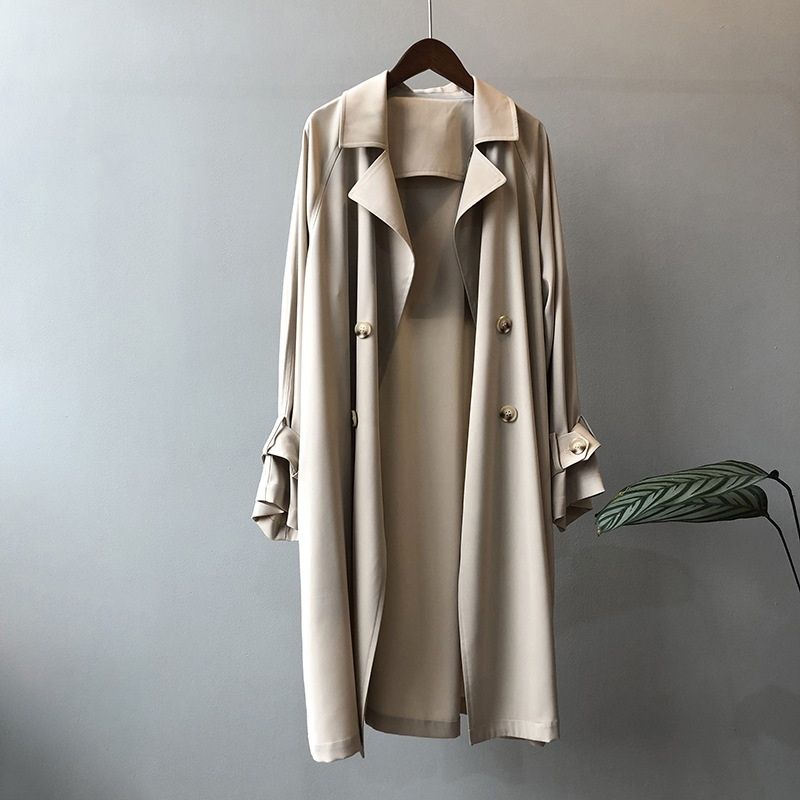 Ladies Long Loose Solid Color Windbreaker Jacket - Apricot