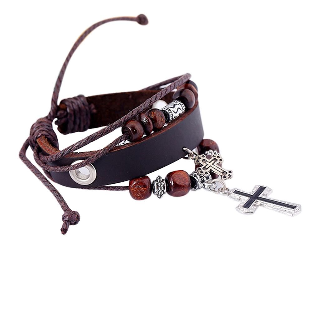 Vintage The Cross Pendant Multilayer Beads Faux-Dark Brown