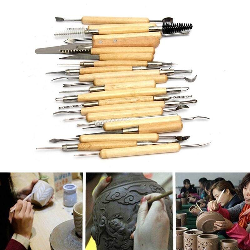 22Pcs Portable Wooden Handle Stainless Steel Clay Pottery Ceramics Sculpting Modeling Tools DIY Crafts Tools Art Sets