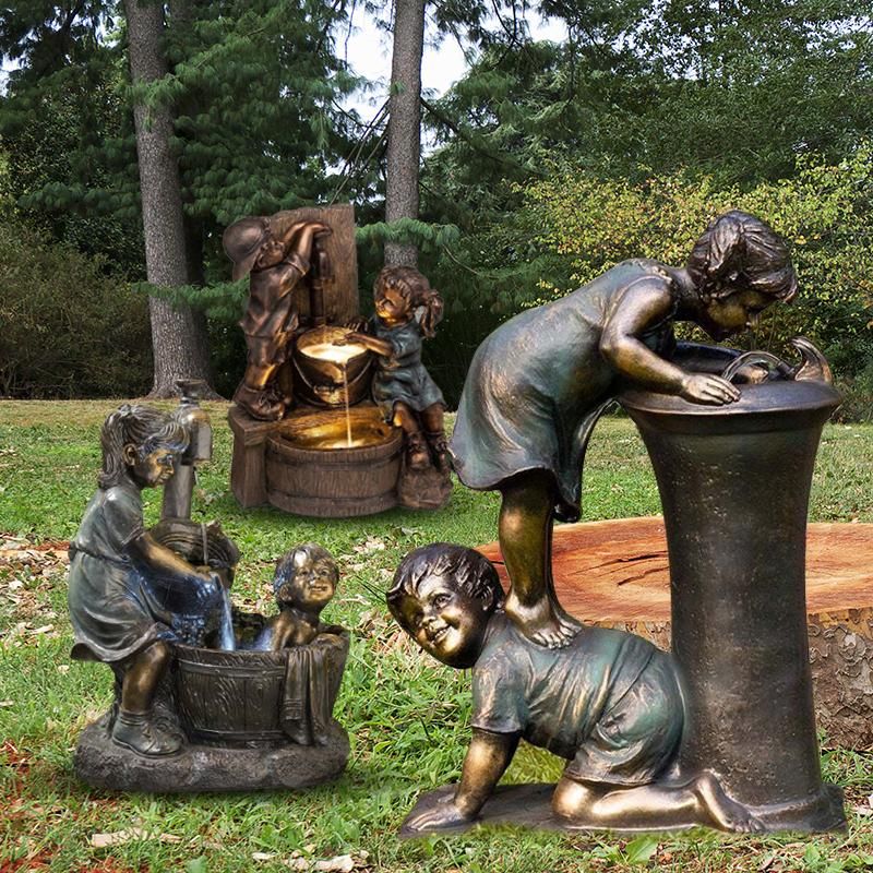 Indoor Outdoor Girl And Boy Statue Resin Retro Kids Play Figure Resin Sculpture Yard Art Home Garden Decoration