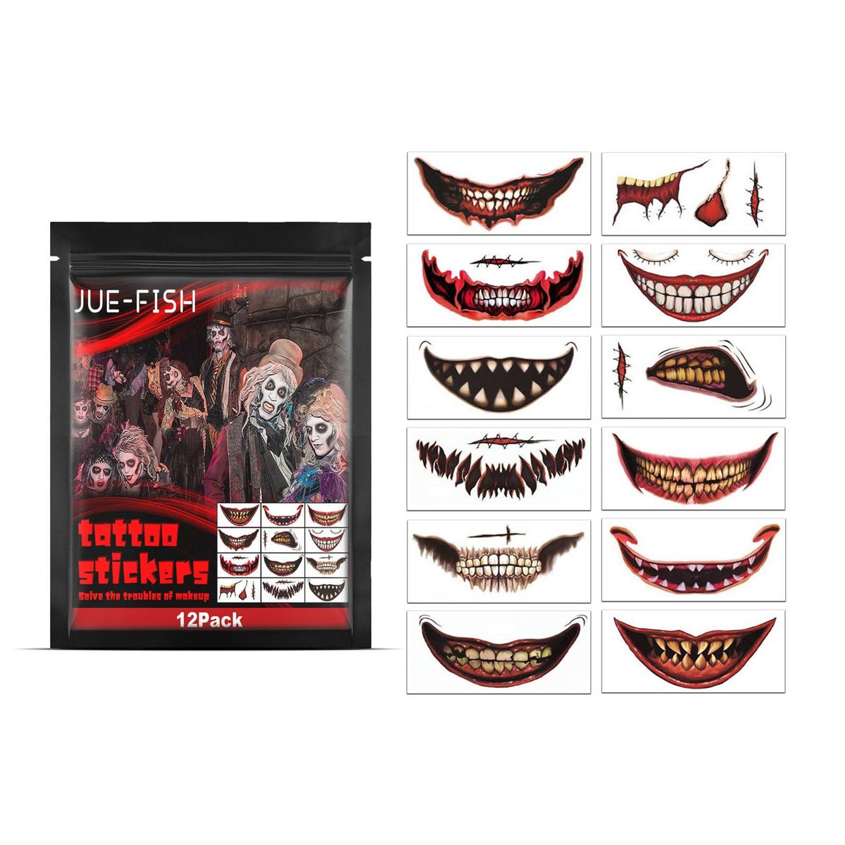 Jue-Fish 12pack Temporary Tattoo Sticker Scars Terror Halloween Flowers Pattern Eyes Face Stickers Makeup Stage