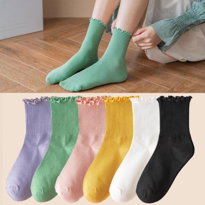 3 pair/lot women socks ruffle lace cute polyester cotton loose autumn winter knitting solid color breathable mid tube long sock