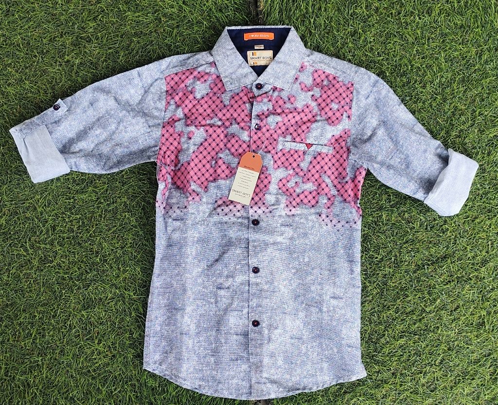 Children Boy's Long Sleeve Turn-Up Shirt - Grey/Pink