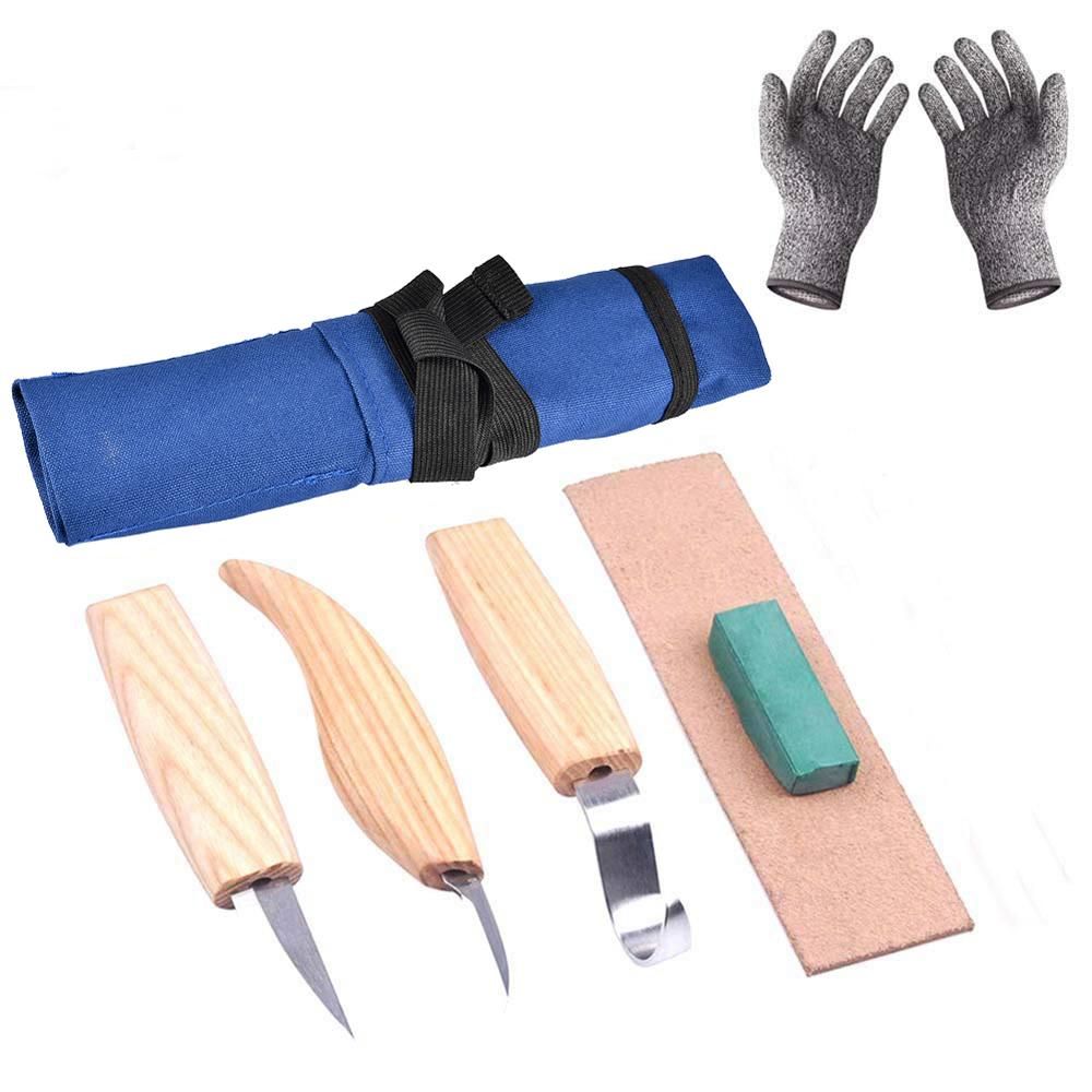 6pcs High Manganese Steel Wooden Carving Tools Cutter Spoon Sharpen Leather Polishing Wax with Cut-proof Gloves Woodworking Craft