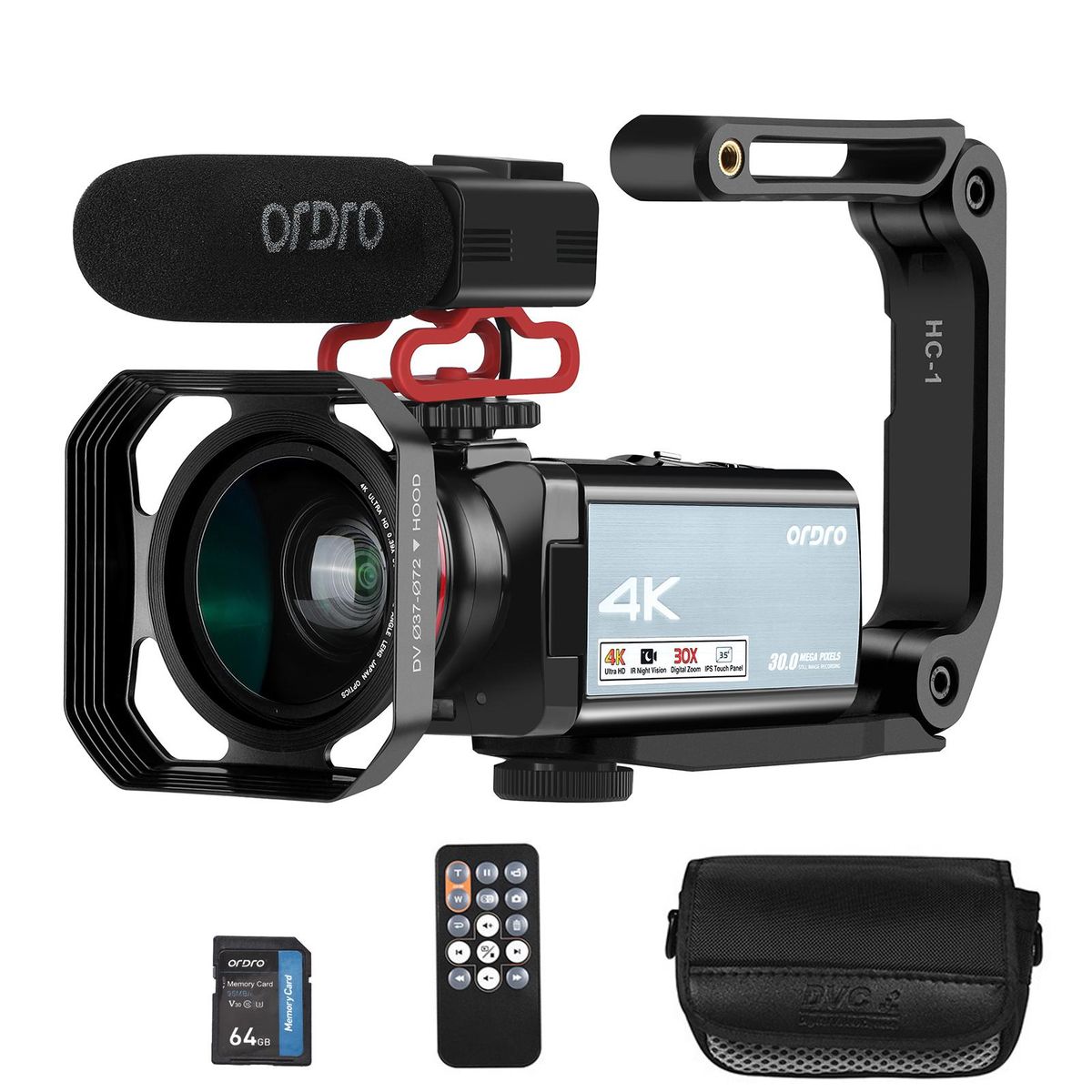 ORDRO HDR-AX10 4K Digital Video Camera WiFi Camcorder DV Recorder 3.5 Inch IPS Touch Panel 30MP 30X Digital Zoom Face Detection IR Night Vision Anti-shake with Remote Control + Carry Bag + Battery + Battery Charger + 0.39X Wi