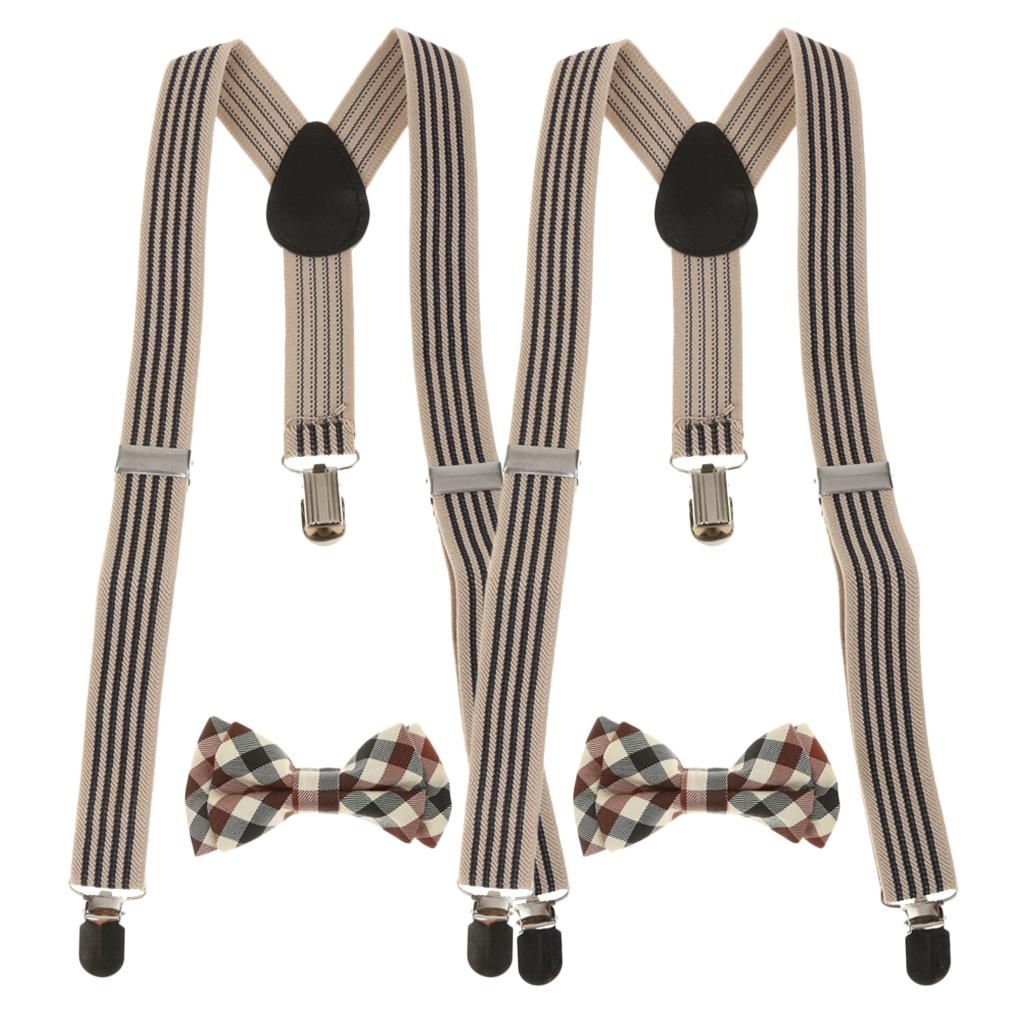 2Sets Kid Stretchble Y-back Suspender Plaid Bowtie Set