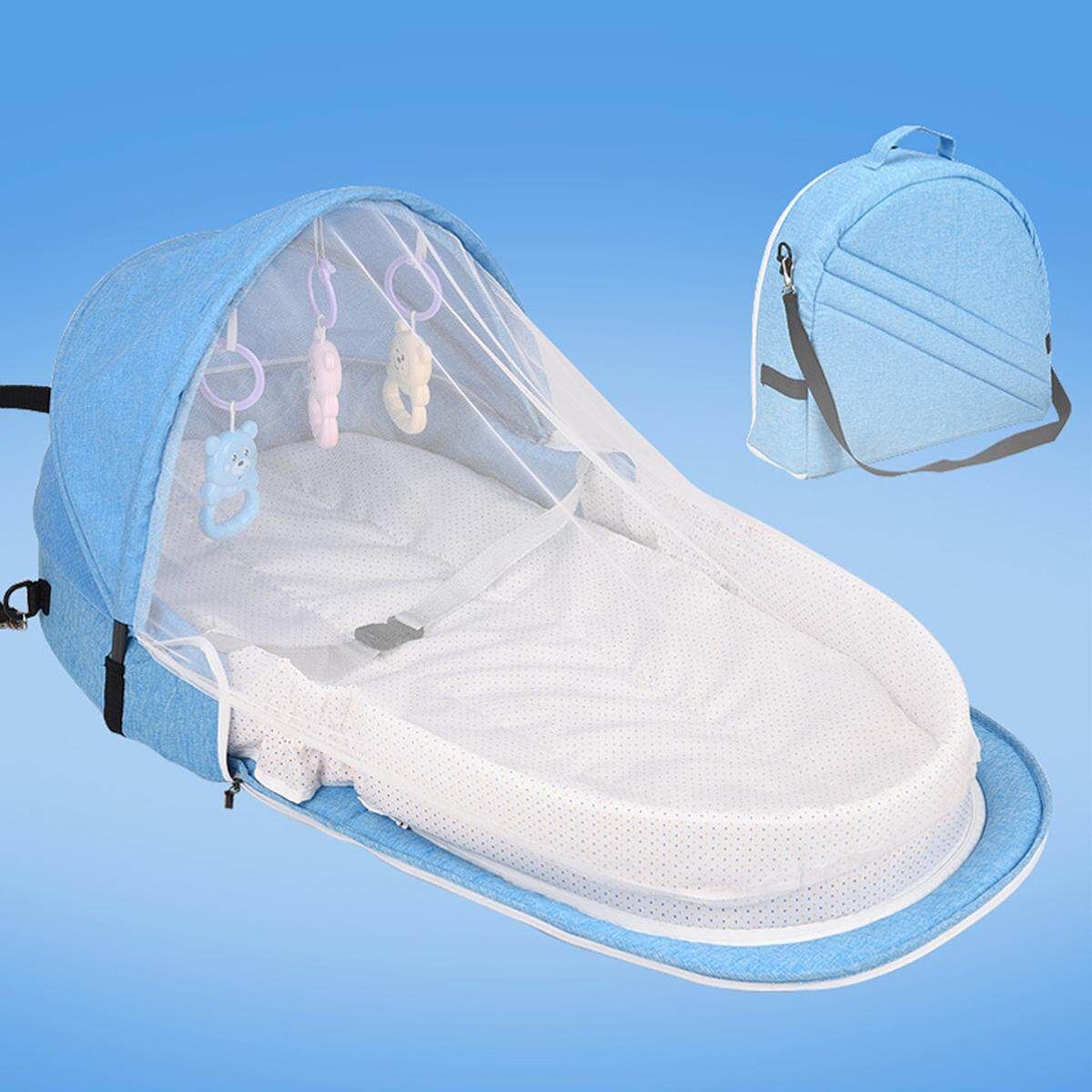 Portable Foldable Baby Beds Multi-function Crib Mummy Bag Travel With Mosquito Cover Blue